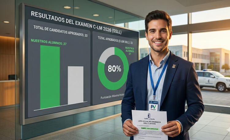Inspector celebrando los resultados de las oposiciones de Veterinaria en Castilla-La Mancha 2026, donde el 80% de los aprobados son alumnos de Preparadores Veterinaria.