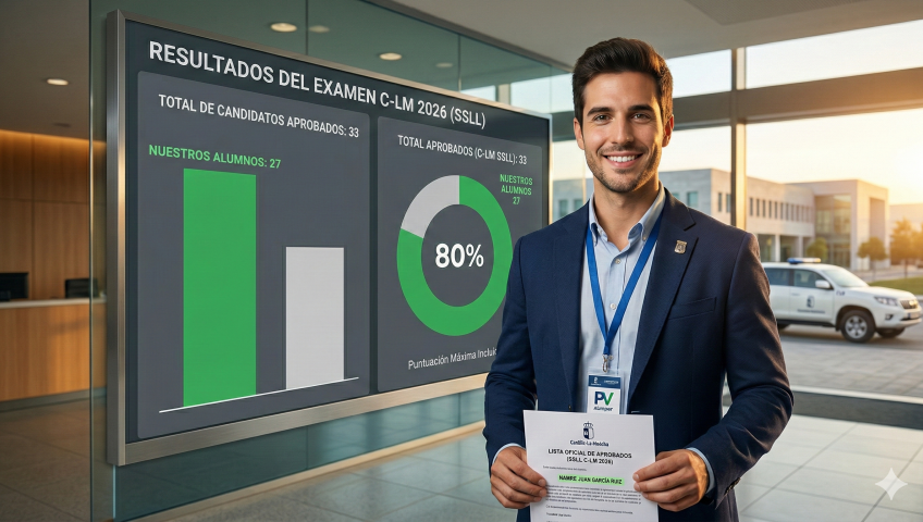 Inspector celebrando los resultados de las oposiciones de Veterinaria en Castilla-La Mancha 2026, donde el 80% de los aprobados son alumnos de Preparadores Veterinaria.